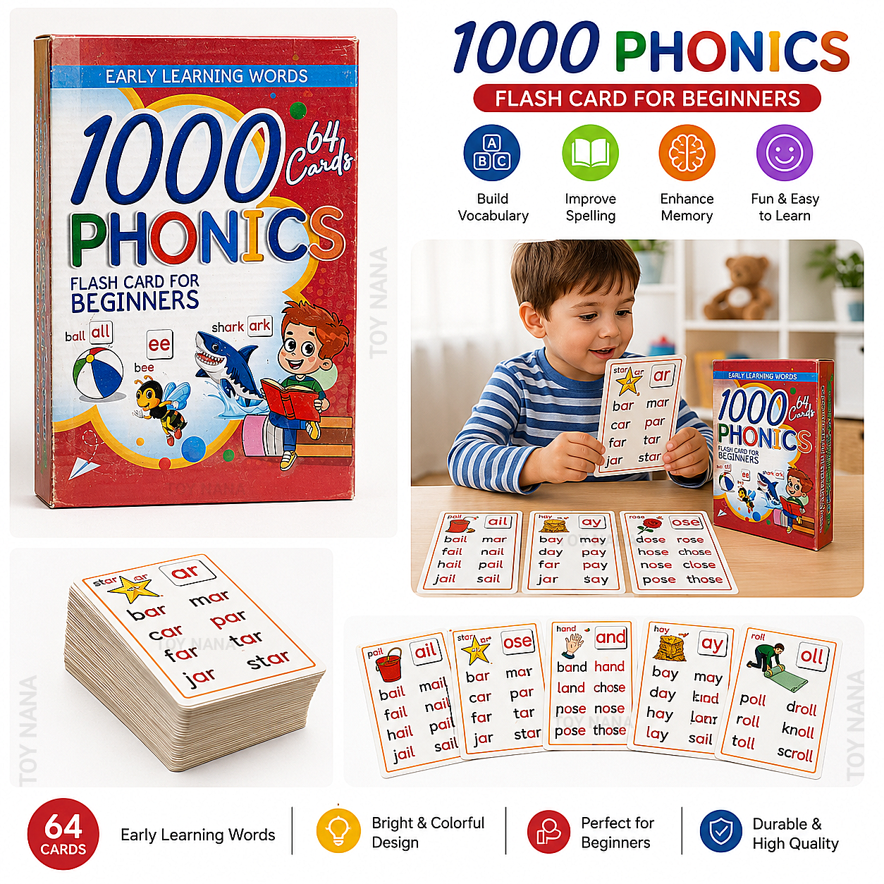 64 Phonics Flash Cards | 1000 Early Learning Words for Kids